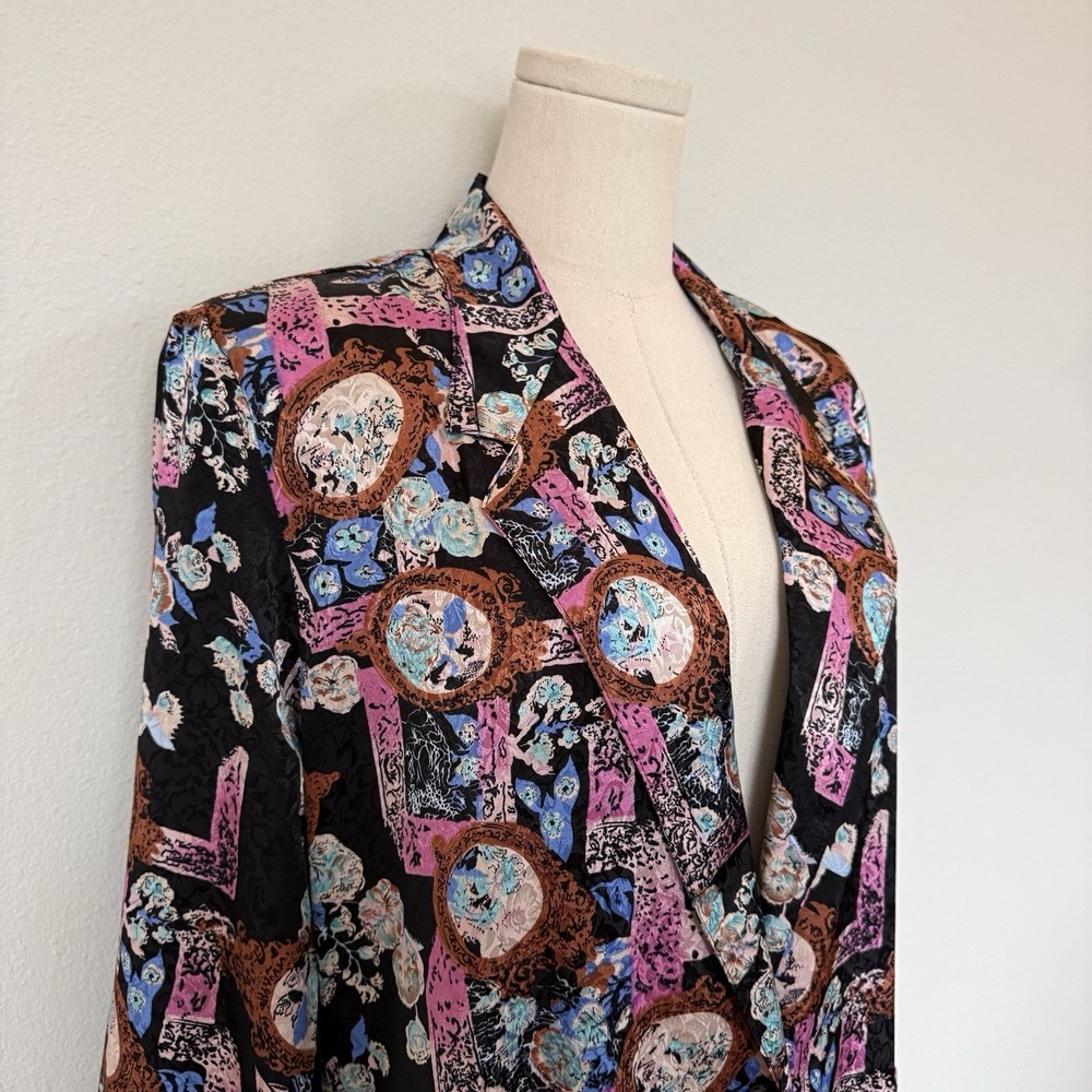 Vintage Floral Satin Blazer Sz S Black Maximalist Jacket Statement Feminine Art - Picture 3 of 11